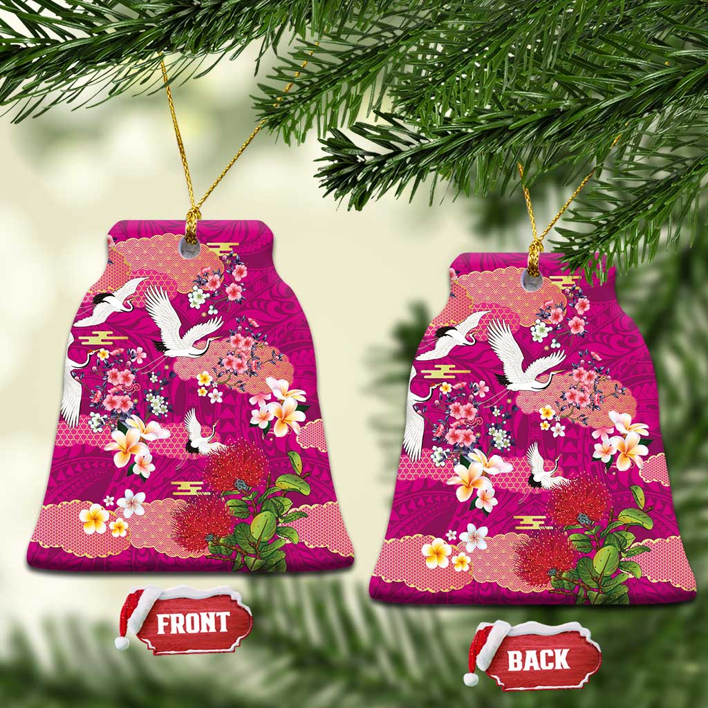 Hawaiian and Japanese Culture Together Ceramic Ornament Pink Ohia Lehua Plumeria and Sakura Blooming LT03 Bell Flake Pink - Polynesian Pride