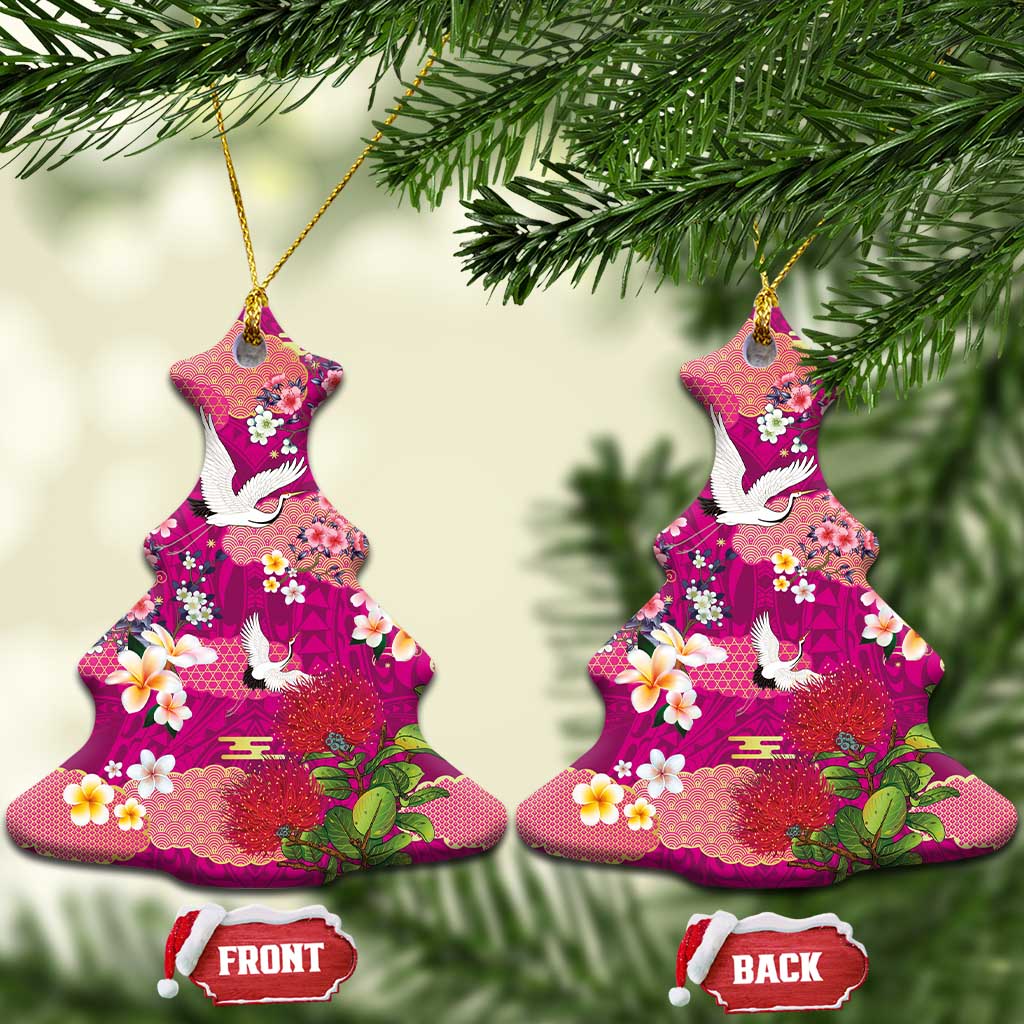 Hawaiian and Japanese Culture Together Ceramic Ornament Pink Ohia Lehua Plumeria and Sakura Blooming LT03 Christmas Tree Pink - Polynesian Pride