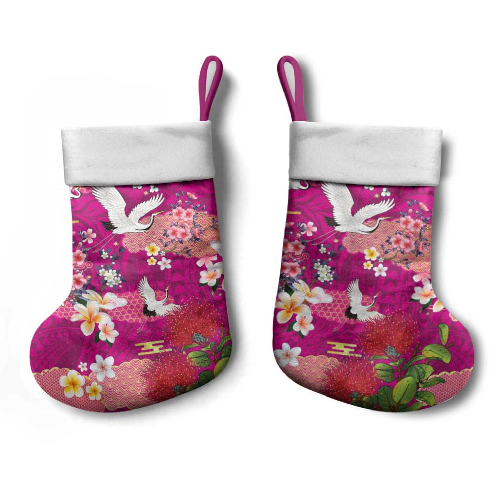 Hawaiian and Japanese Culture Together Christmas Stocking Pink Ohia Lehua Plumeria and Sakura Blooming LT03 - Polynesian Pride