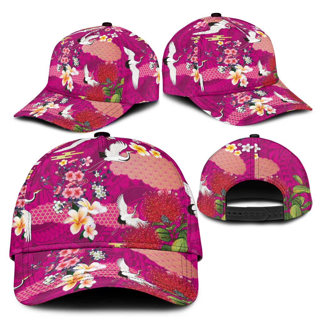 Hawaiian and Japanese Culture Together Classic Cap Pink Ohia Lehua Plumeria and Sakura Blooming LT03 - Polynesian Pride