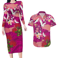 Hawaiian and Japanese Culture Together Couples Matching Long Sleeve Bodycon Dress and Hawaiian Shirt Pink Ohia Lehua Plumeria and Sakura Blooming LT03 Pink - Polynesian Pride