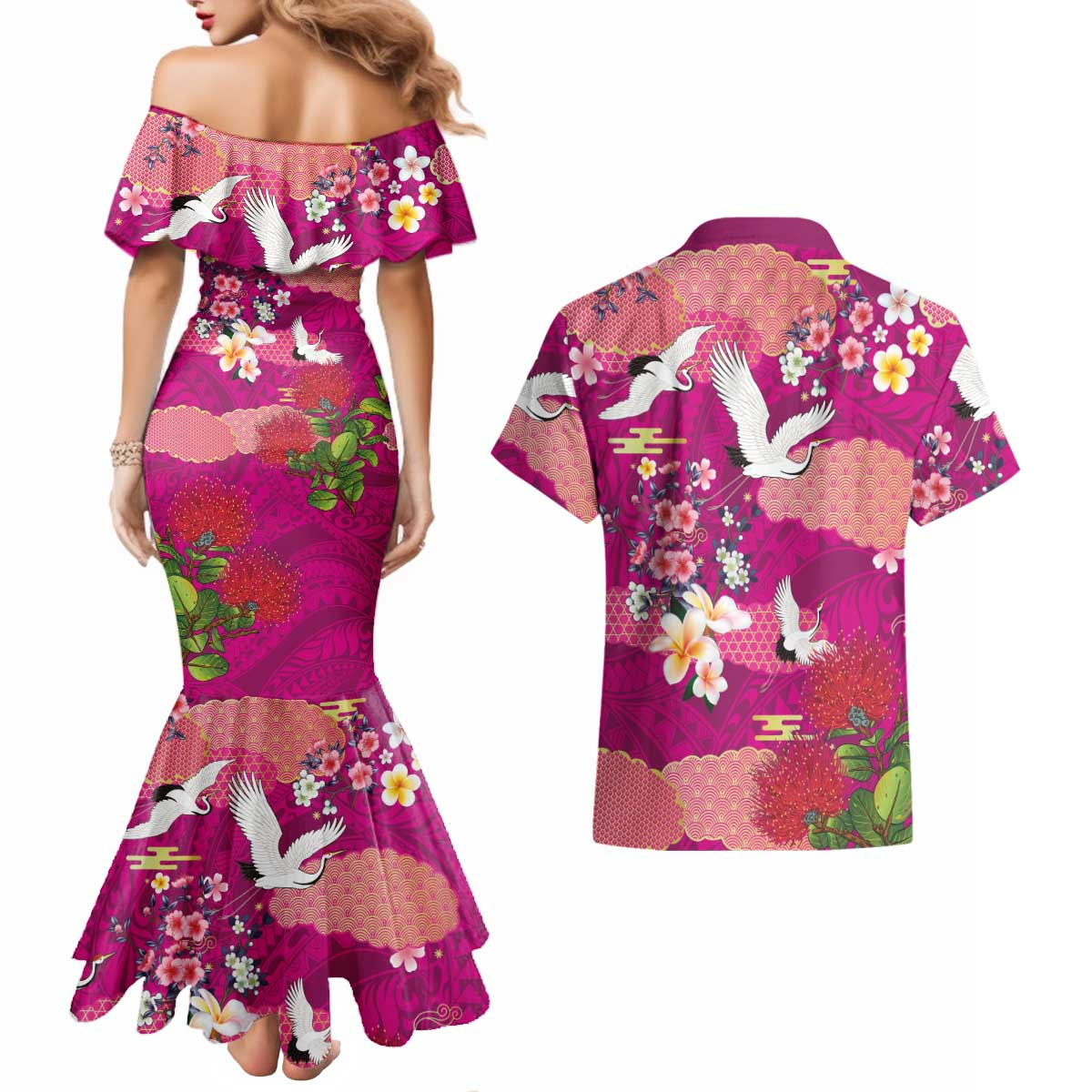 Hawaiian and Japanese Culture Together Couples Matching Mermaid Dress and Hawaiian Shirt Pink Ohia Lehua Plumeria and Sakura Blooming LT03 - Polynesian Pride