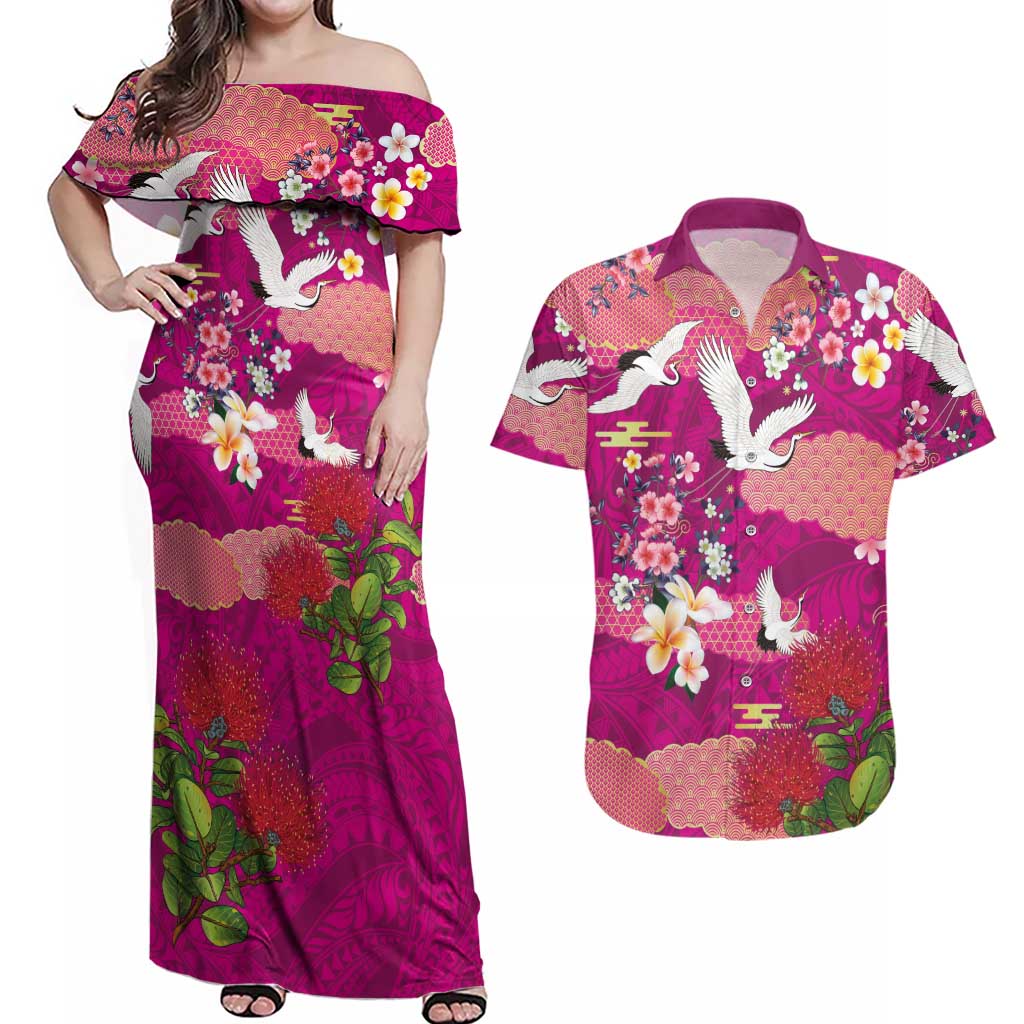 Hawaiian and Japanese Culture Together Couples Matching Off Shoulder Maxi Dress and Hawaiian Shirt Pink Ohia Lehua Plumeria and Sakura Blooming LT03 Pink - Polynesian Pride