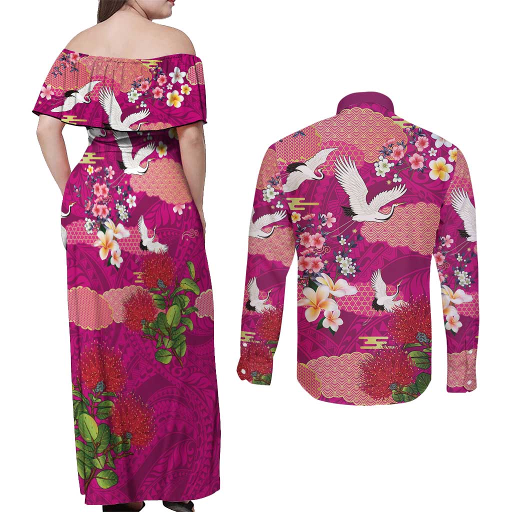 Hawaiian and Japanese Culture Together Couples Matching Off Shoulder Maxi Dress and Long Sleeve Button Shirt Pink Ohia Lehua Plumeria and Sakura Blooming LT03 - Polynesian Pride