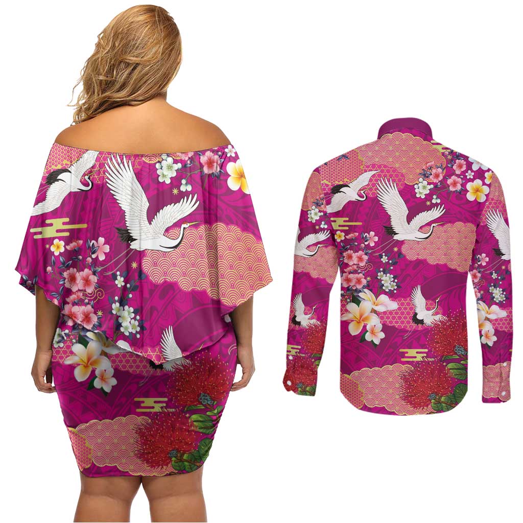 Hawaiian and Japanese Culture Together Couples Matching Off Shoulder Short Dress and Long Sleeve Button Shirt Pink Ohia Lehua Plumeria and Sakura Blooming LT03 - Polynesian Pride