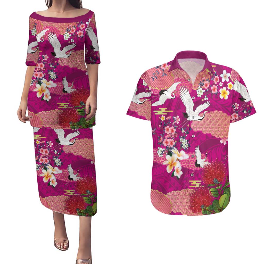 Hawaiian and Japanese Culture Together Couples Matching Puletasi and Hawaiian Shirt Pink Ohia Lehua Plumeria and Sakura Blooming LT03 Pink - Polynesian Pride