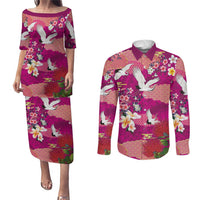 Hawaiian and Japanese Culture Together Couples Matching Puletasi and Long Sleeve Button Shirt Pink Ohia Lehua Plumeria and Sakura Blooming LT03 Pink - Polynesian Pride
