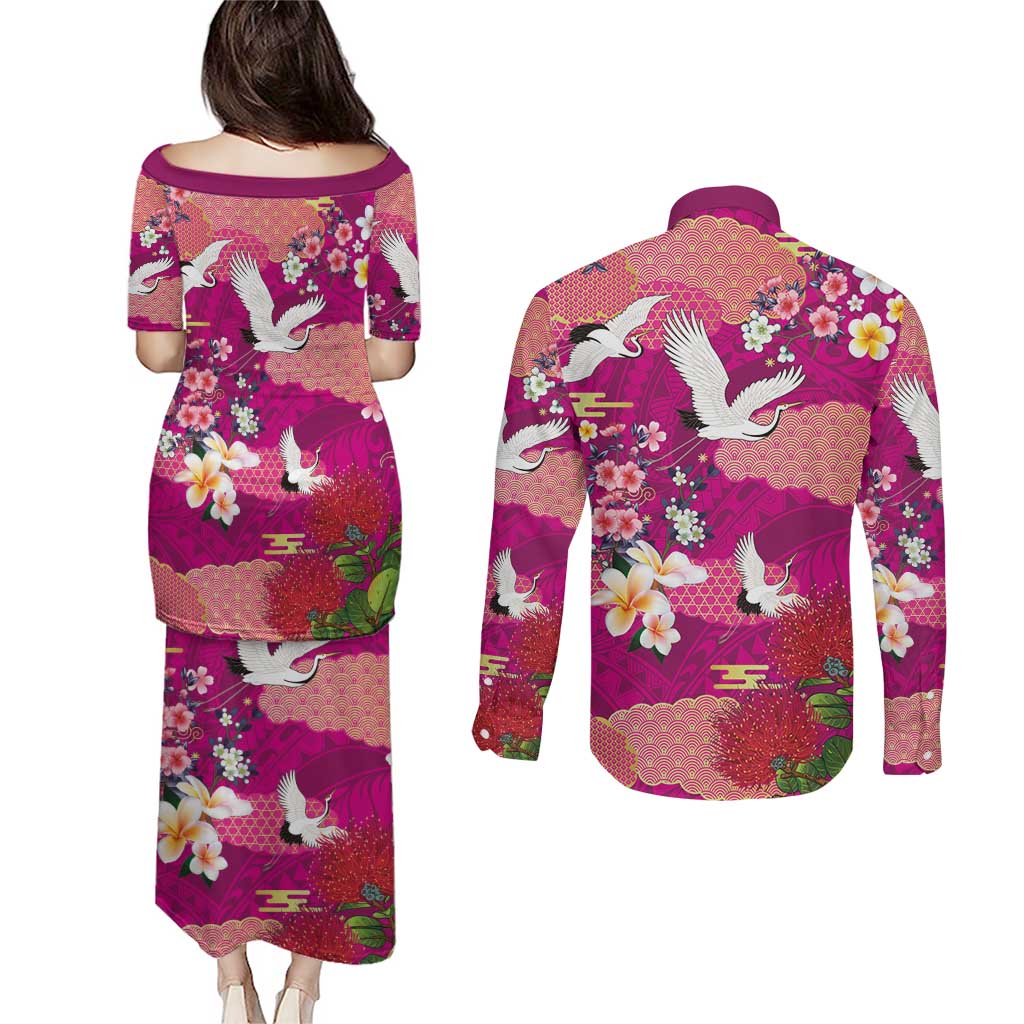 Hawaiian and Japanese Culture Together Couples Matching Puletasi and Long Sleeve Button Shirt Pink Ohia Lehua Plumeria and Sakura Blooming LT03 - Polynesian Pride