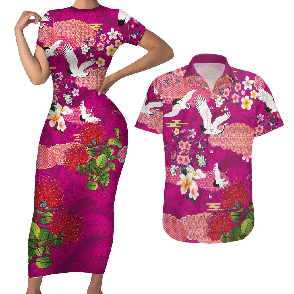 Hawaiian and Japanese Culture Together Couples Matching Short Sleeve Bodycon Dress and Hawaiian Shirt Pink Ohia Lehua Plumeria and Sakura Blooming LT03 Pink - Polynesian Pride