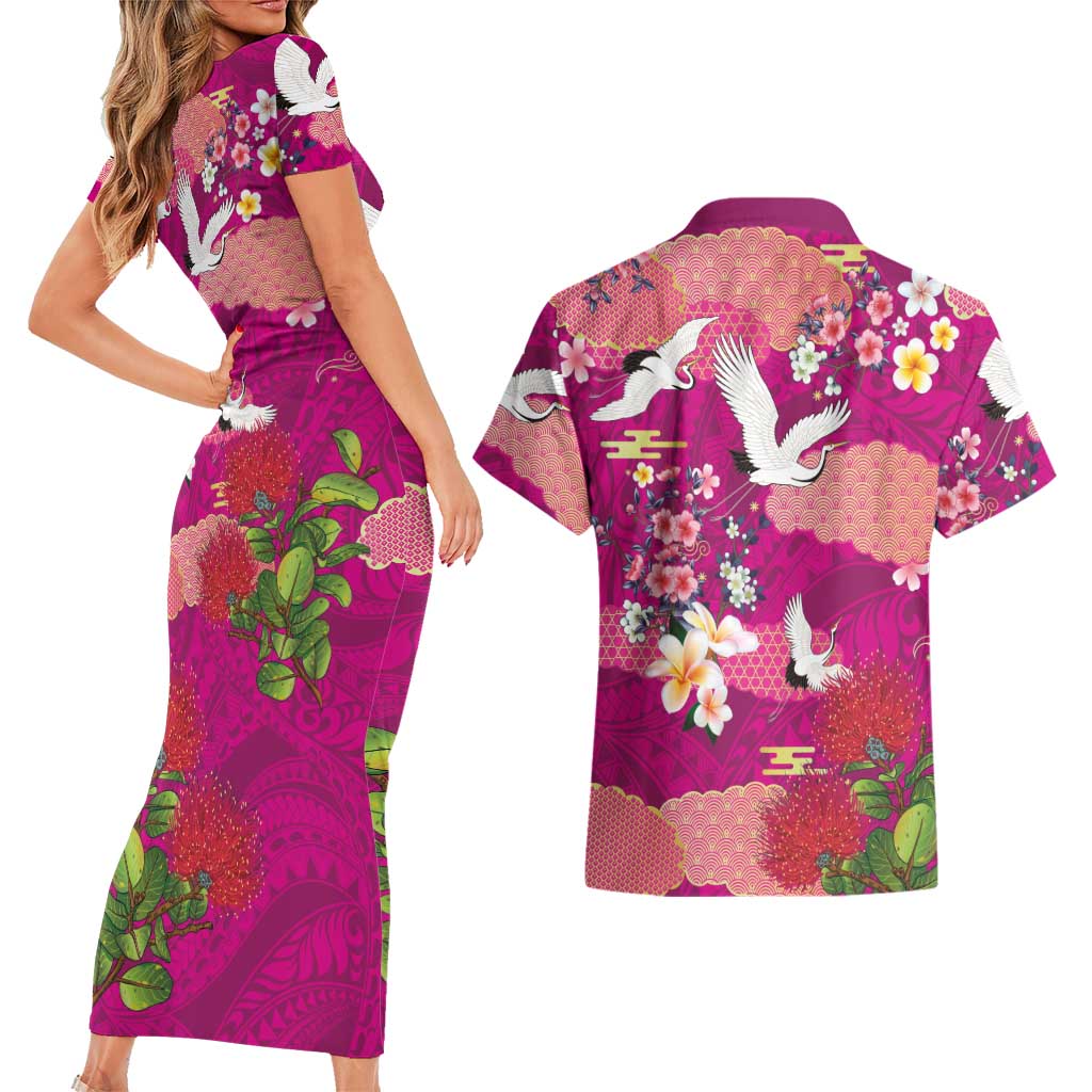 Hawaiian and Japanese Culture Together Couples Matching Short Sleeve Bodycon Dress and Hawaiian Shirt Pink Ohia Lehua Plumeria and Sakura Blooming LT03 - Polynesian Pride