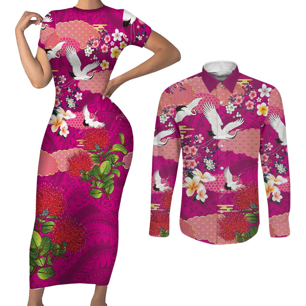 Hawaiian and Japanese Culture Together Couples Matching Short Sleeve Bodycon Dress and Long Sleeve Button Shirt Pink Ohia Lehua Plumeria and Sakura Blooming - Polynesian Pride