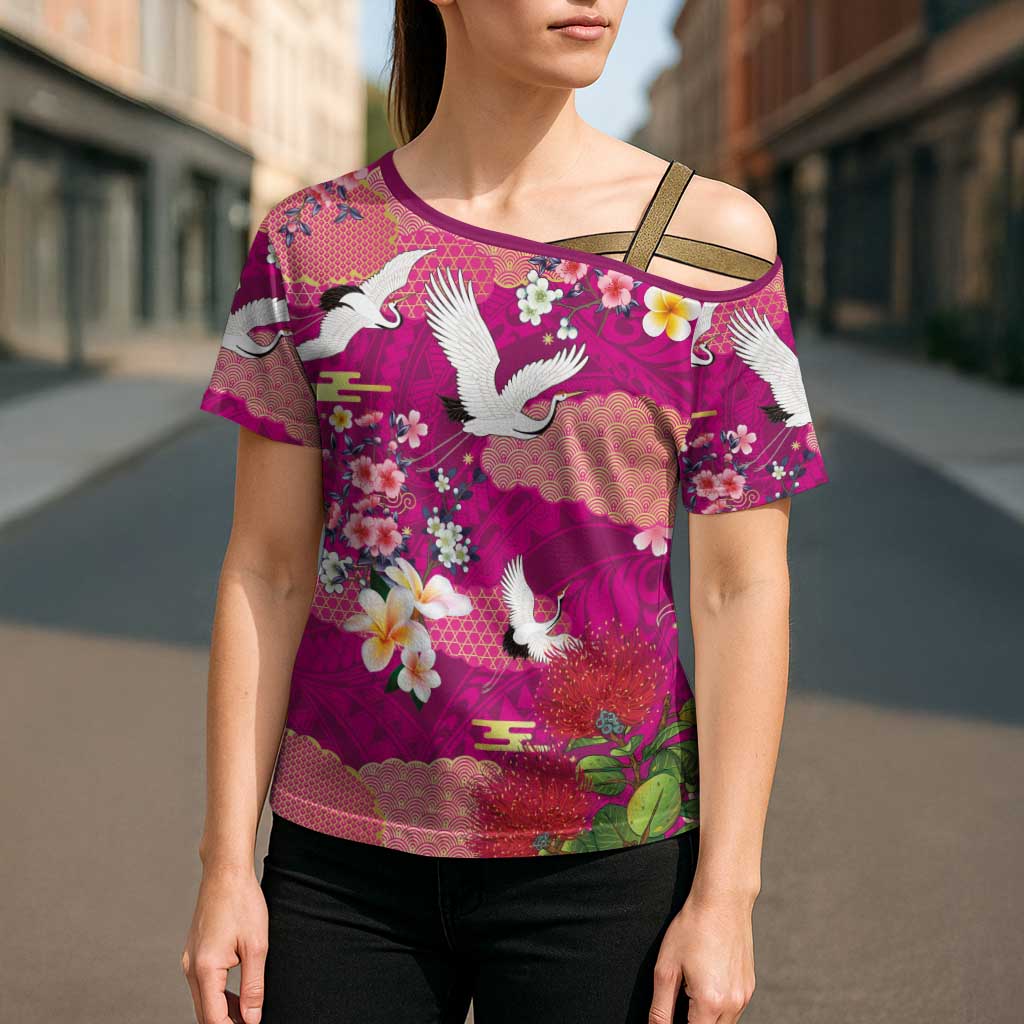 Hawaiian and Japanese Culture Together Cross Shoulder Shirt Pink Ohia Lehua Plumeria and Sakura Blooming LT03 - Polynesian Pride