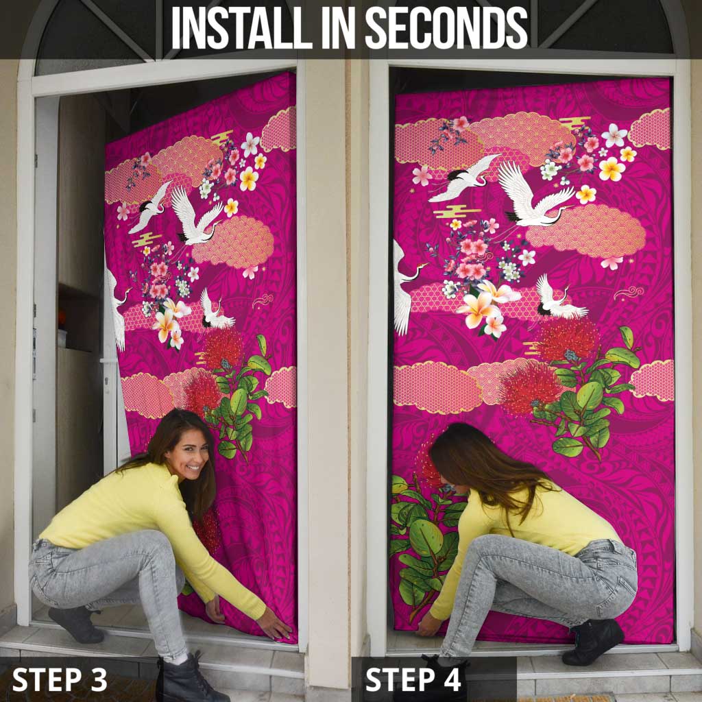 Hawaiian and Japanese Culture Together Door Cover Pink Ohia Lehua Plumeria and Sakura Blooming LT03 - Polynesian Pride