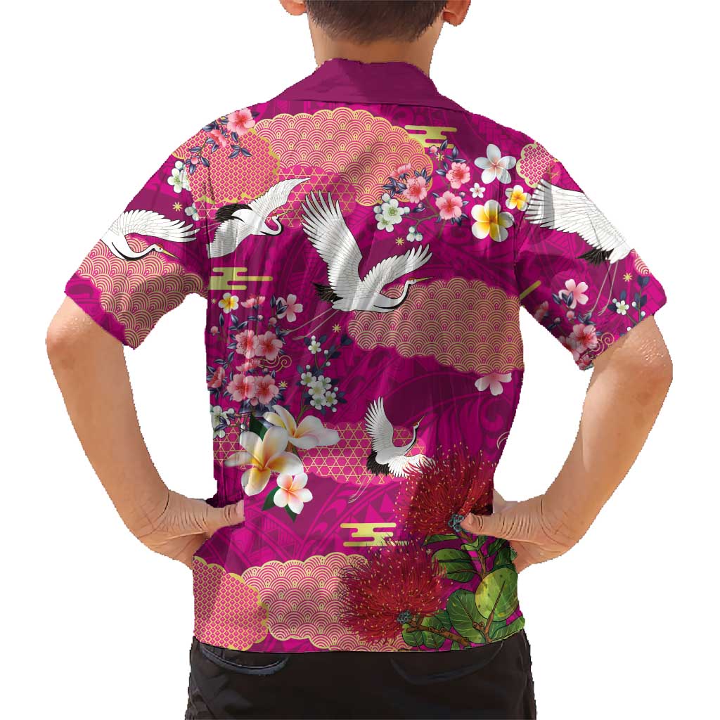 Hawaiian and Japanese Culture Together Family Matching Long Sleeve Bodycon Dress and Hawaiian Shirt Pink Ohia Lehua Plumeria and Sakura Blooming LT03 - Polynesian Pride