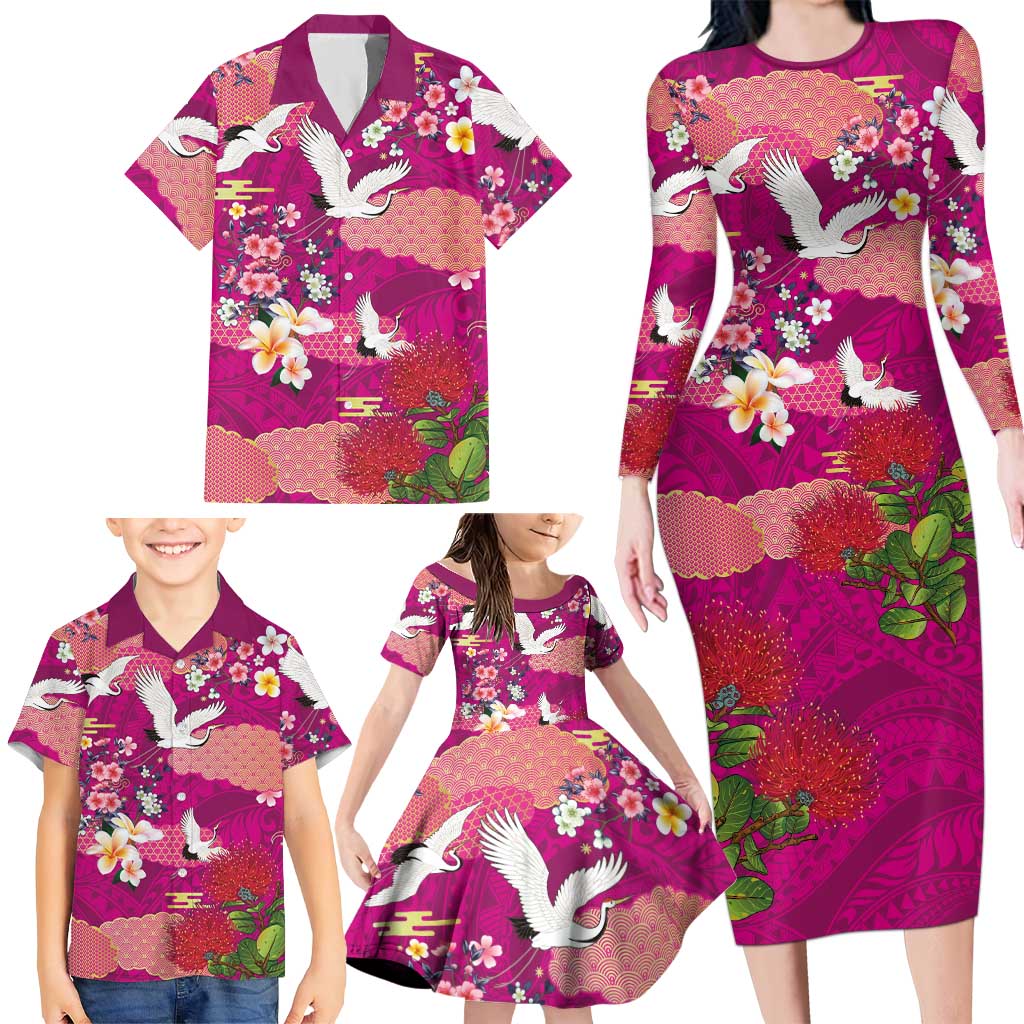 Hawaiian and Japanese Culture Together Family Matching Long Sleeve Bodycon Dress and Hawaiian Shirt Pink Ohia Lehua Plumeria and Sakura Blooming LT03 - Polynesian Pride