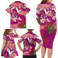 Hawaiian and Japanese Culture Together Family Matching Long Sleeve Bodycon Dress and Hawaiian Shirt Pink Ohia Lehua Plumeria and Sakura Blooming LT03 - Polynesian Pride