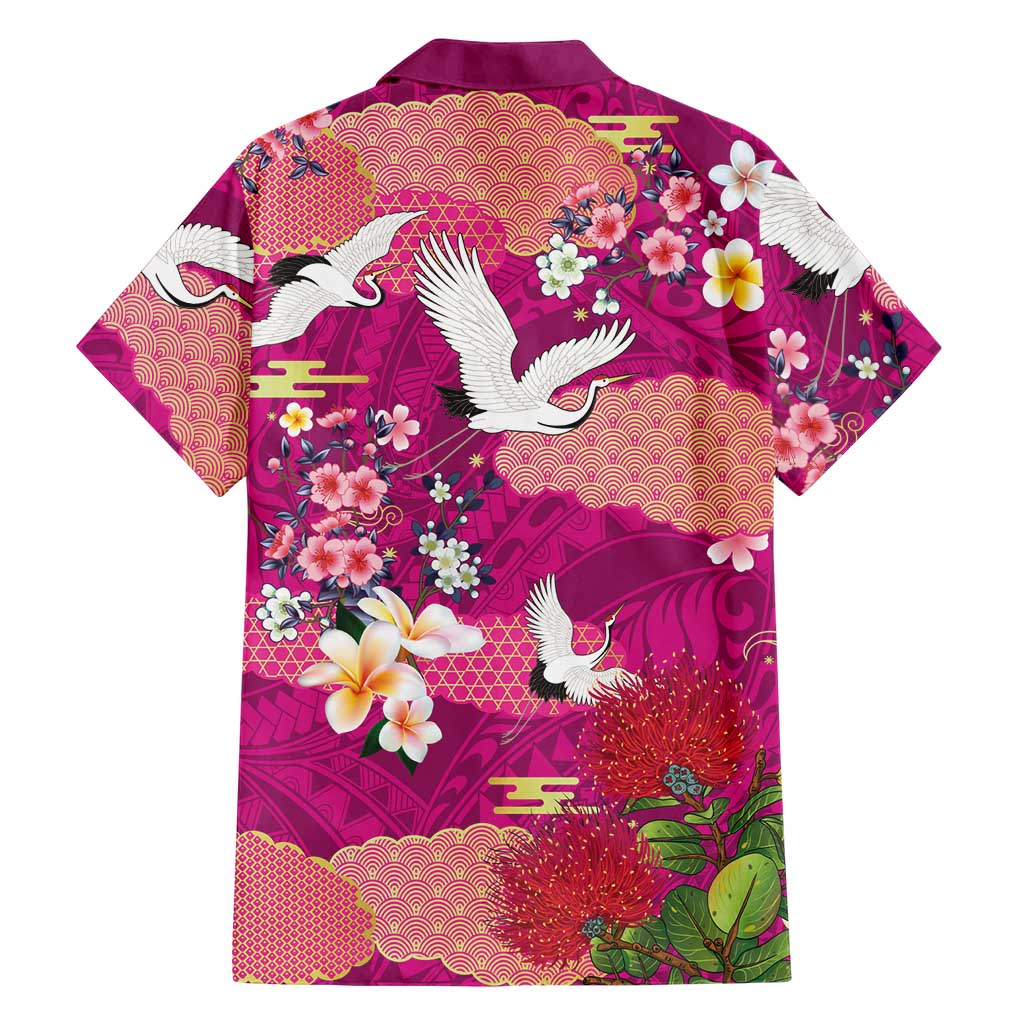 Hawaiian and Japanese Culture Together Family Matching Long Sleeve Bodycon Dress and Hawaiian Shirt Pink Ohia Lehua Plumeria and Sakura Blooming LT03 - Polynesian Pride