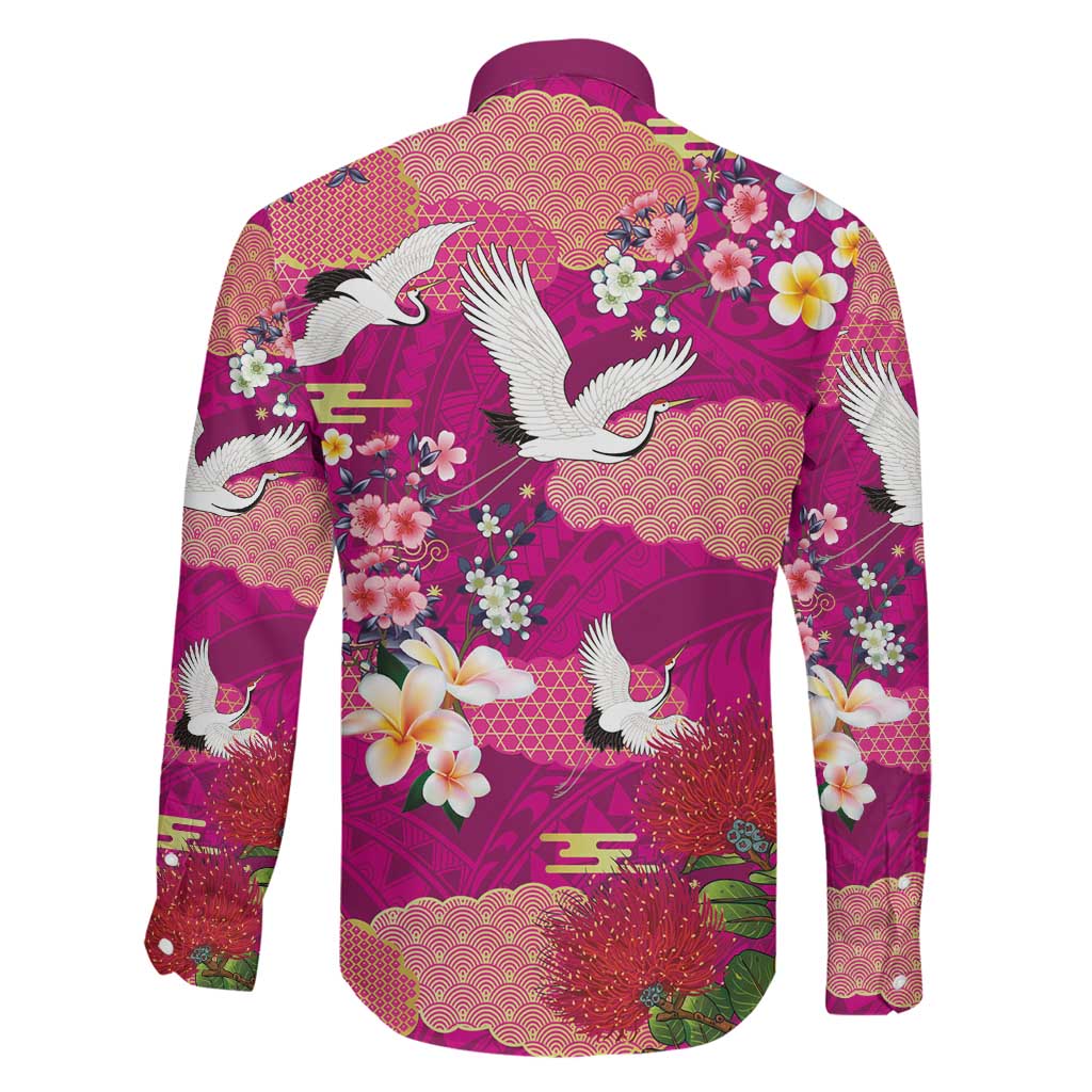 Hawaiian and Japanese Culture Together Family Matching Long Sleeve Bodycon Dress and Hawaiian Shirt Pink Ohia Lehua Plumeria and Sakura Blooming LT03 - Polynesian Pride