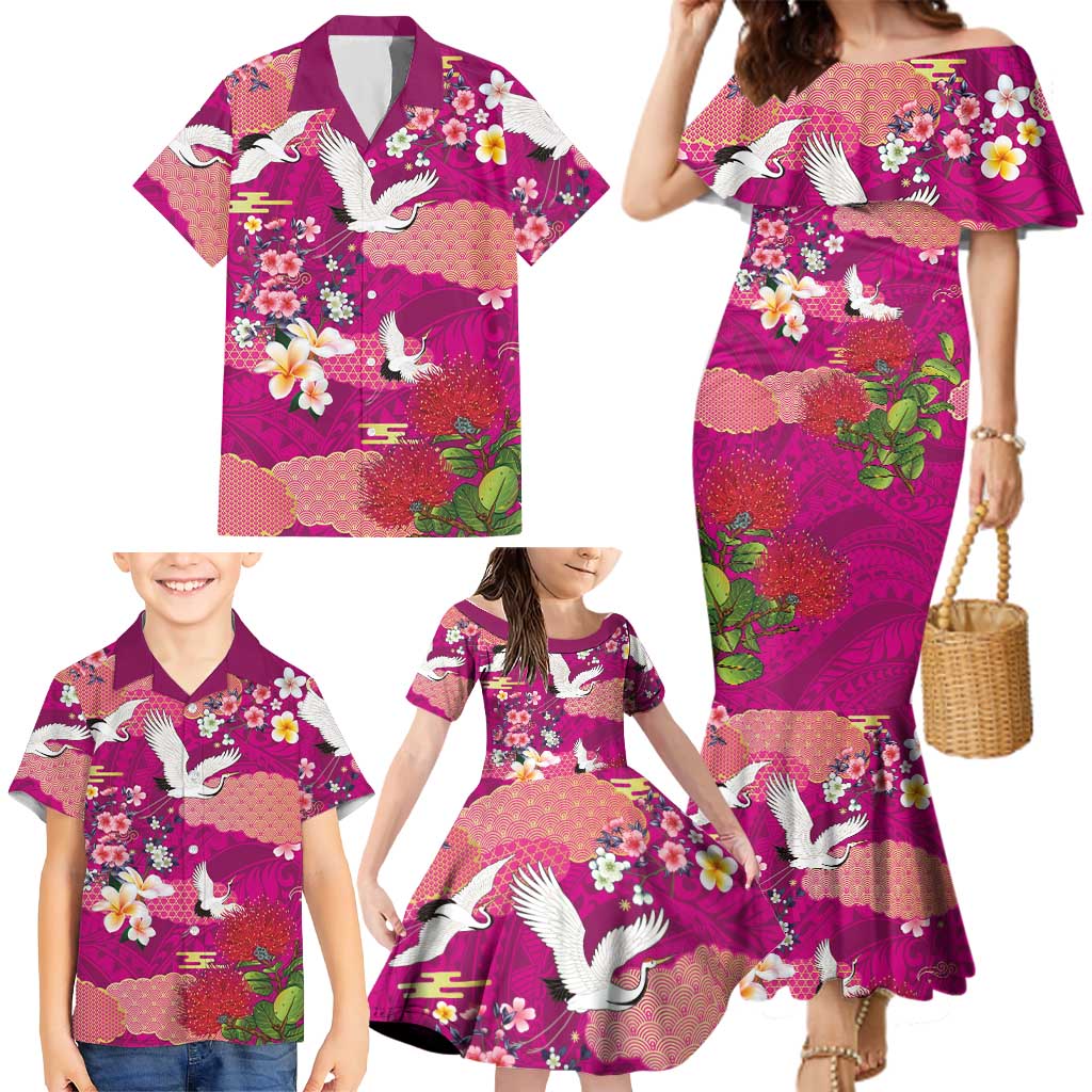 Hawaiian and Japanese Culture Together Family Matching Mermaid Dress and Hawaiian Shirt Pink Ohia Lehua Plumeria and Sakura Blooming LT03 - Polynesian Pride