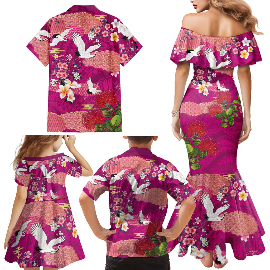 Hawaiian and Japanese Culture Together Family Matching Mermaid Dress and Hawaiian Shirt Pink Ohia Lehua Plumeria and Sakura Blooming LT03 - Polynesian Pride