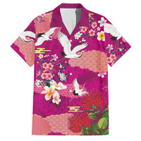 Hawaiian and Japanese Culture Together Family Matching Mermaid Dress and Hawaiian Shirt Pink Ohia Lehua Plumeria and Sakura Blooming LT03 Dad's Shirt - Short Sleeve Pink - Polynesian Pride