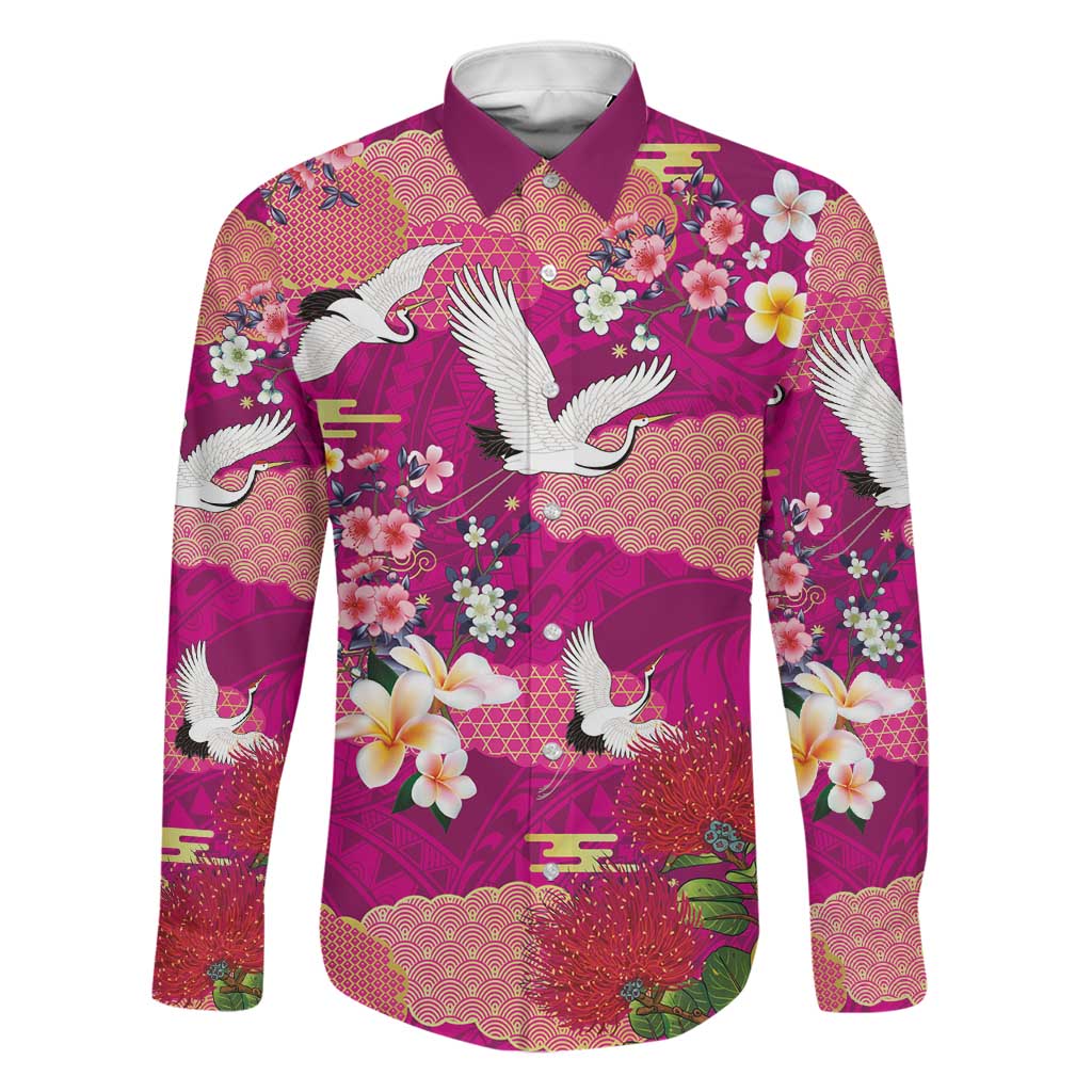 Hawaiian and Japanese Culture Together Family Matching Mermaid Dress and Hawaiian Shirt Pink Ohia Lehua Plumeria and Sakura Blooming LT03 Dad's Shirt - Long Sleeve Pink - Polynesian Pride