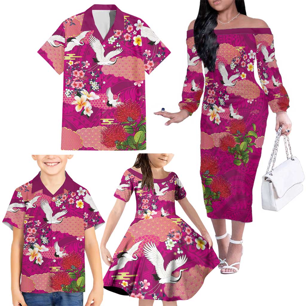 Hawaiian and Japanese Culture Together Family Matching Off The Shoulder Long Sleeve Dress and Hawaiian Shirt Pink Ohia Lehua Plumeria and Sakura Blooming - Polynesian Pride