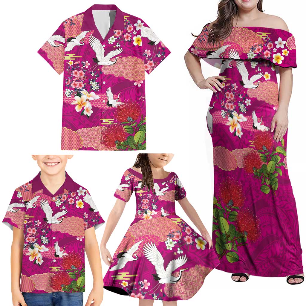 Hawaiian and Japanese Culture Together Family Matching Off Shoulder Maxi Dress and Hawaiian Shirt Pink Ohia Lehua Plumeria and Sakura Blooming - Polynesian Pride