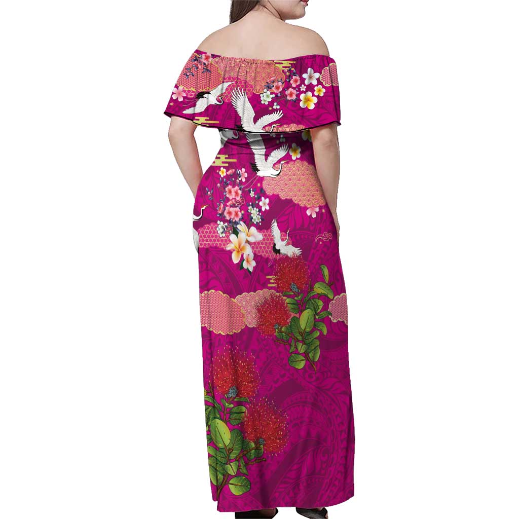 Hawaiian and Japanese Culture Together Family Matching Off Shoulder Maxi Dress and Hawaiian Shirt Pink Ohia Lehua Plumeria and Sakura Blooming LT03 - Polynesian Pride