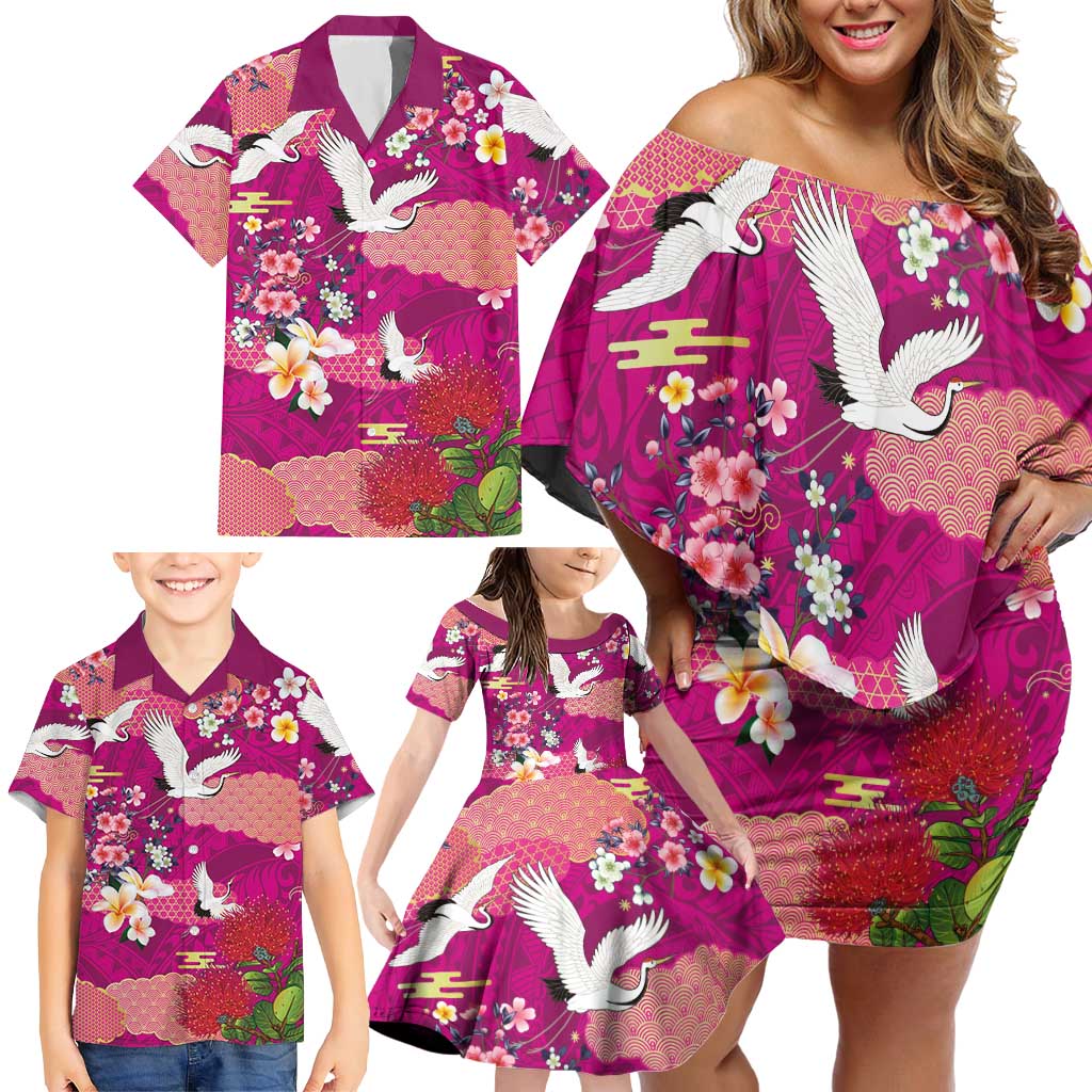 Hawaiian and Japanese Culture Together Family Matching Off Shoulder Short Dress and Hawaiian Shirt Pink Ohia Lehua Plumeria and Sakura Blooming - Polynesian Pride