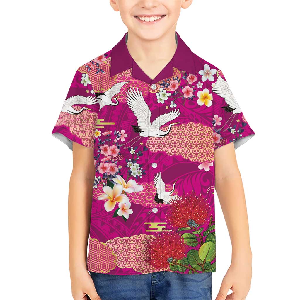Hawaiian and Japanese Culture Together Family Matching Off Shoulder Short Dress and Hawaiian Shirt Pink Ohia Lehua Plumeria and Sakura Blooming LT03 Son's Shirt Pink - Polynesian Pride