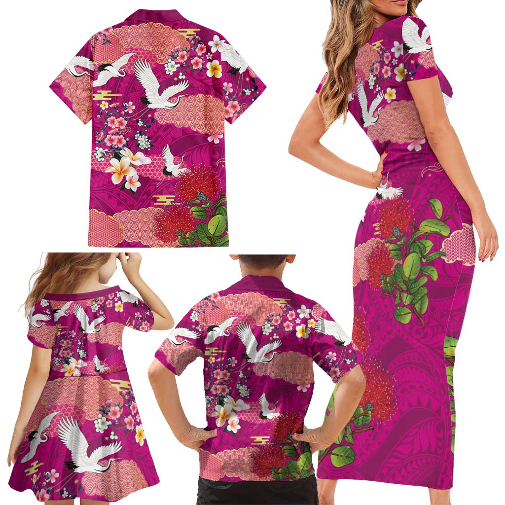 Hawaiian and Japanese Culture Together Family Matching Short Sleeve Bodycon Dress and Hawaiian Shirt Pink Ohia Lehua Plumeria and Sakura Blooming LT03 - Polynesian Pride