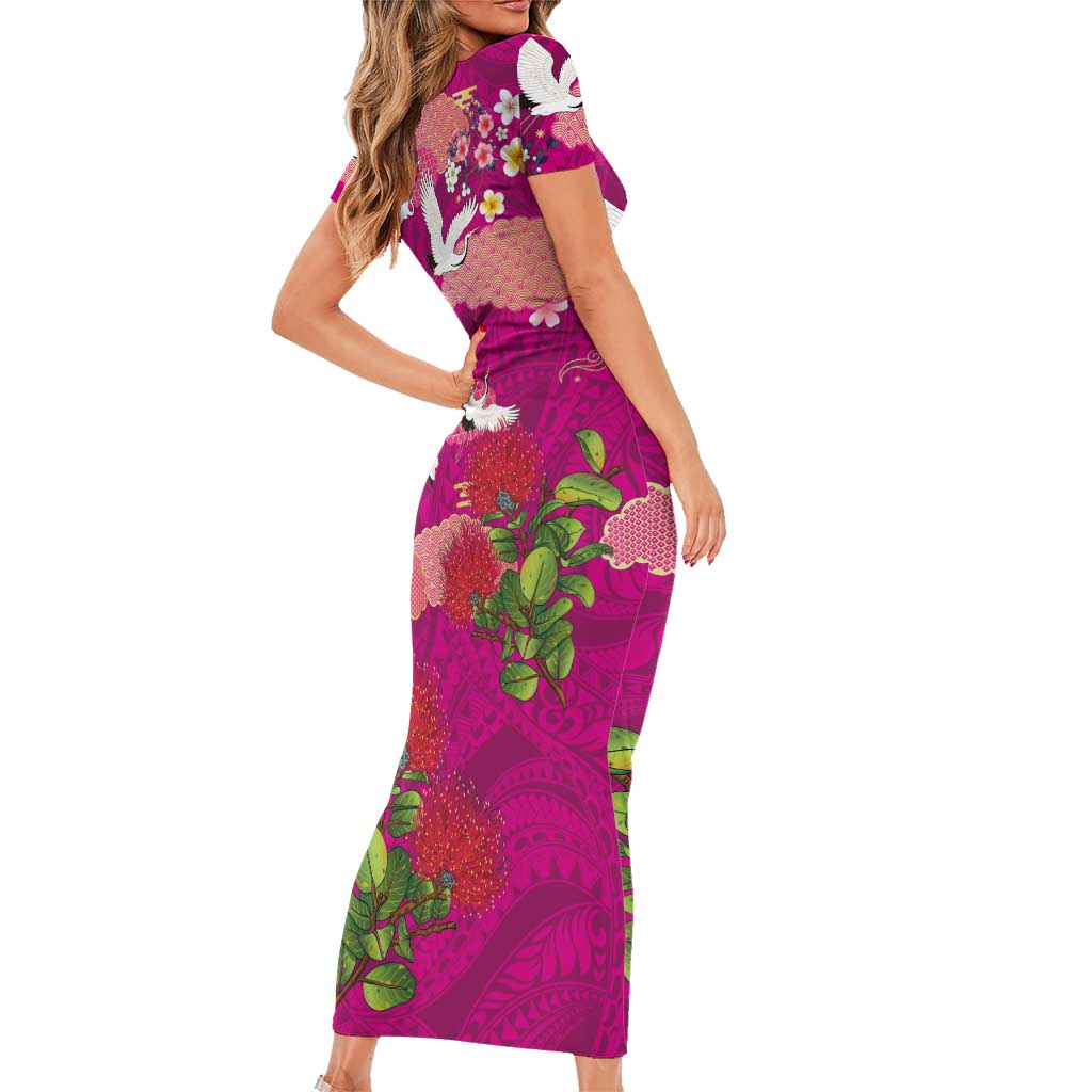 Hawaiian and Japanese Culture Together Family Matching Short Sleeve Bodycon Dress and Hawaiian Shirt Pink Ohia Lehua Plumeria and Sakura Blooming LT03 - Polynesian Pride