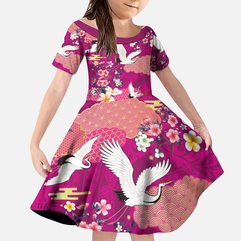 Hawaiian and Japanese Culture Together Family Matching Summer Maxi Dress and Hawaiian Shirt Pink Ohia Lehua Plumeria and Sakura Blooming LT03 Daughter's Dress Pink - Polynesian Pride