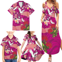Hawaiian and Japanese Culture Together Family Matching Summer Maxi Dress and Hawaiian Shirt Pink Ohia Lehua Plumeria and Sakura Blooming LT03 - Polynesian Pride