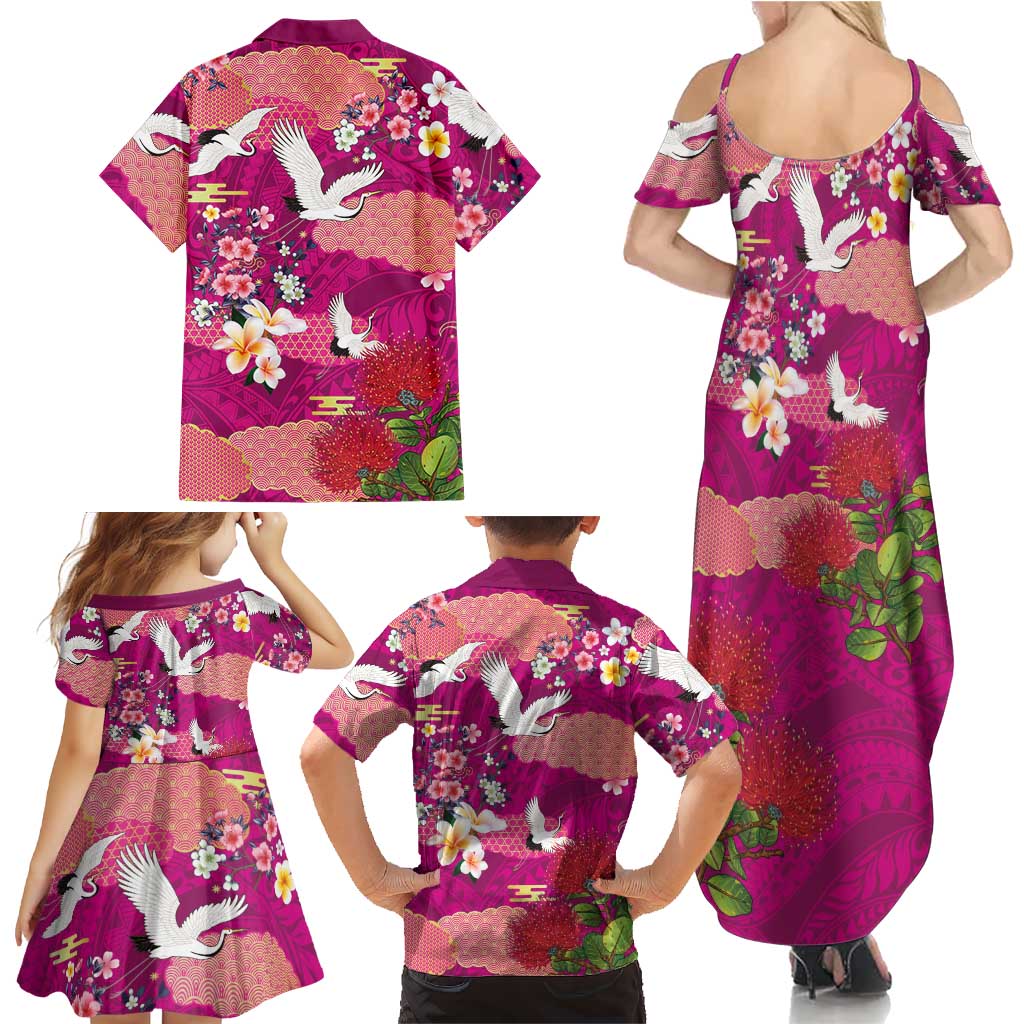 Hawaiian and Japanese Culture Together Family Matching Summer Maxi Dress and Hawaiian Shirt Pink Ohia Lehua Plumeria and Sakura Blooming LT03 - Polynesian Pride