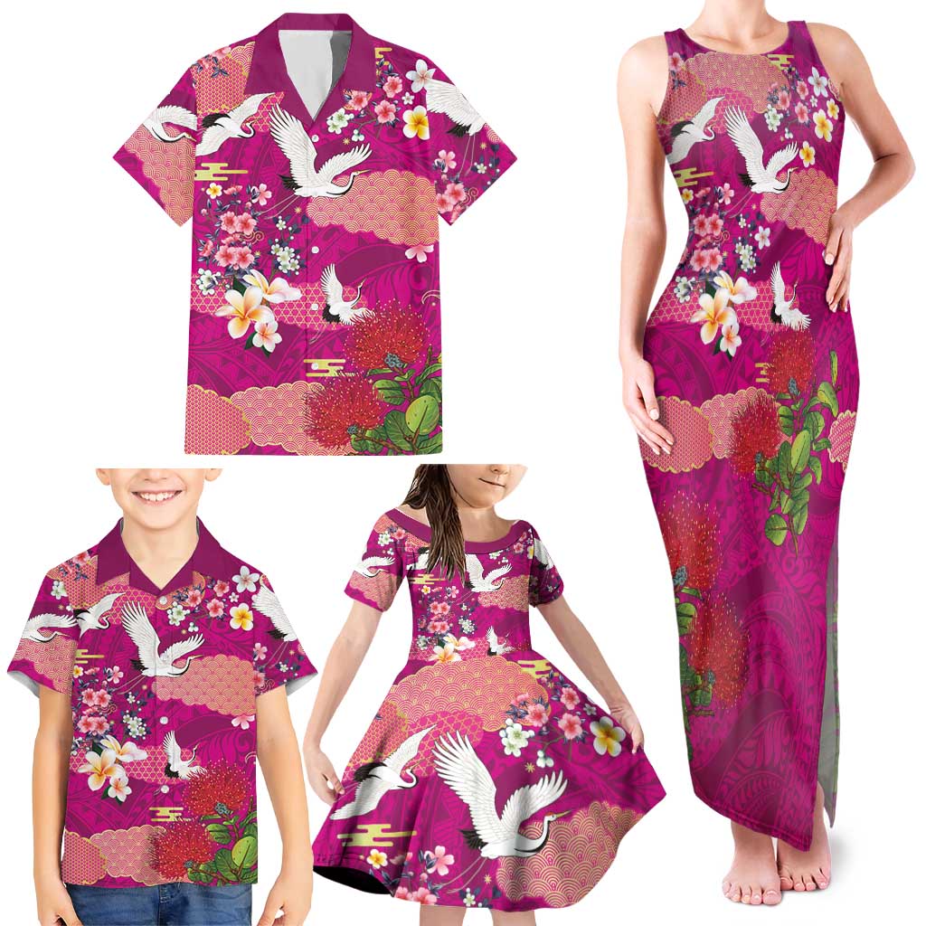 Hawaiian and Japanese Culture Together Family Matching Tank Maxi Dress and Hawaiian Shirt Pink Ohia Lehua Plumeria and Sakura Blooming LT03 - Polynesian Pride