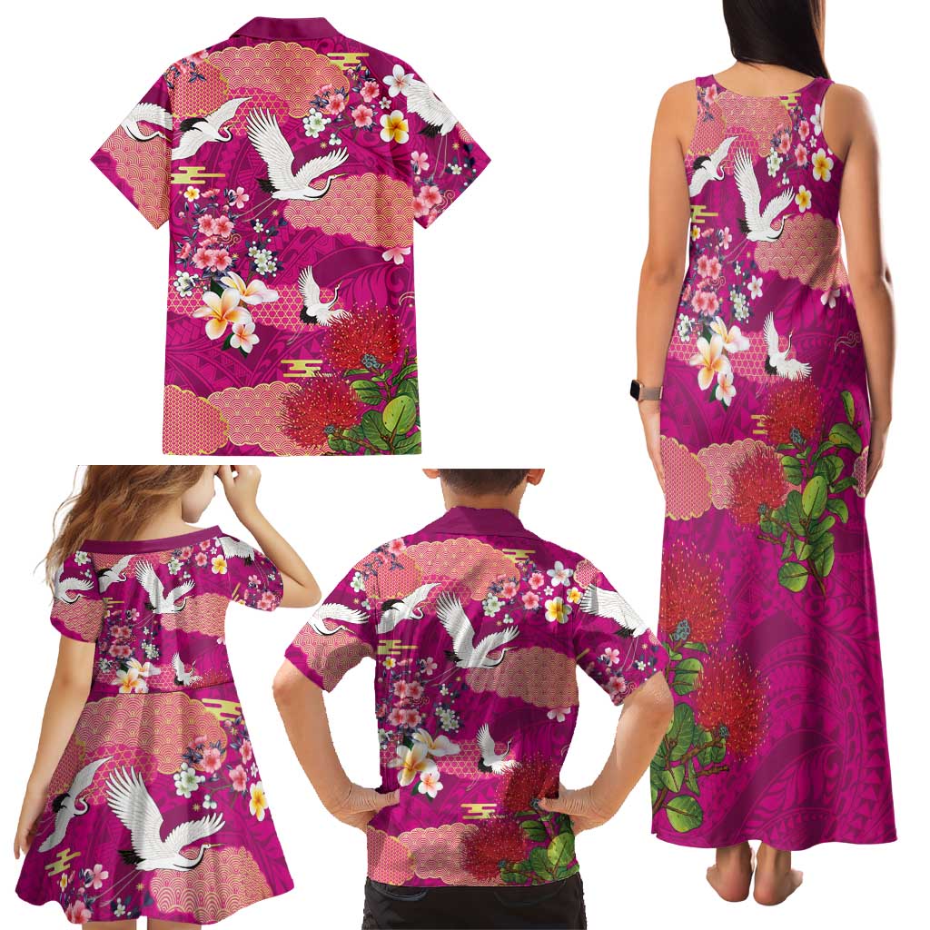 Hawaiian and Japanese Culture Together Family Matching Tank Maxi Dress and Hawaiian Shirt Pink Ohia Lehua Plumeria and Sakura Blooming LT03 - Polynesian Pride