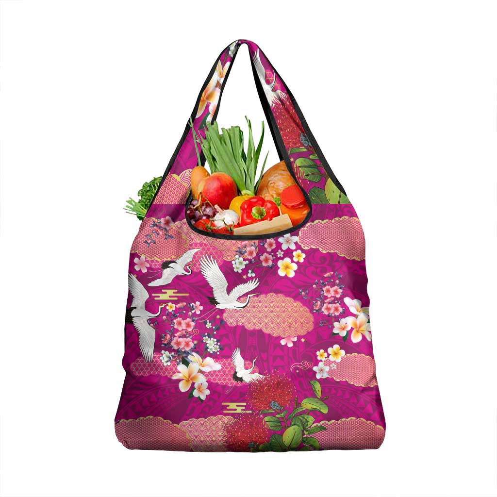 Hawaiian and Japanese Culture Together Grocery Bag Pink Ohia Lehua Plumeria and Sakura Blooming LT03 1-pack One Size Pink - Polynesian Pride