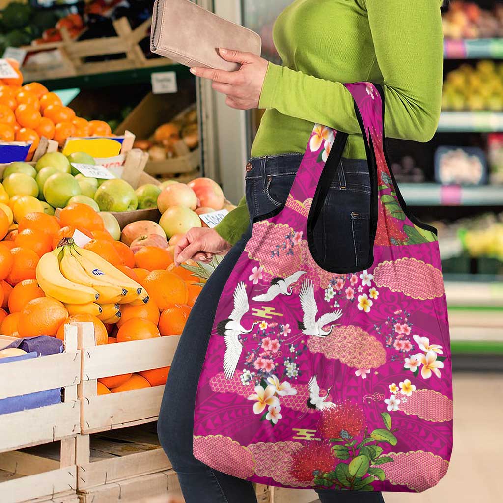 Hawaiian and Japanese Culture Together Grocery Bag Pink Ohia Lehua Plumeria and Sakura Blooming LT03 - Polynesian Pride