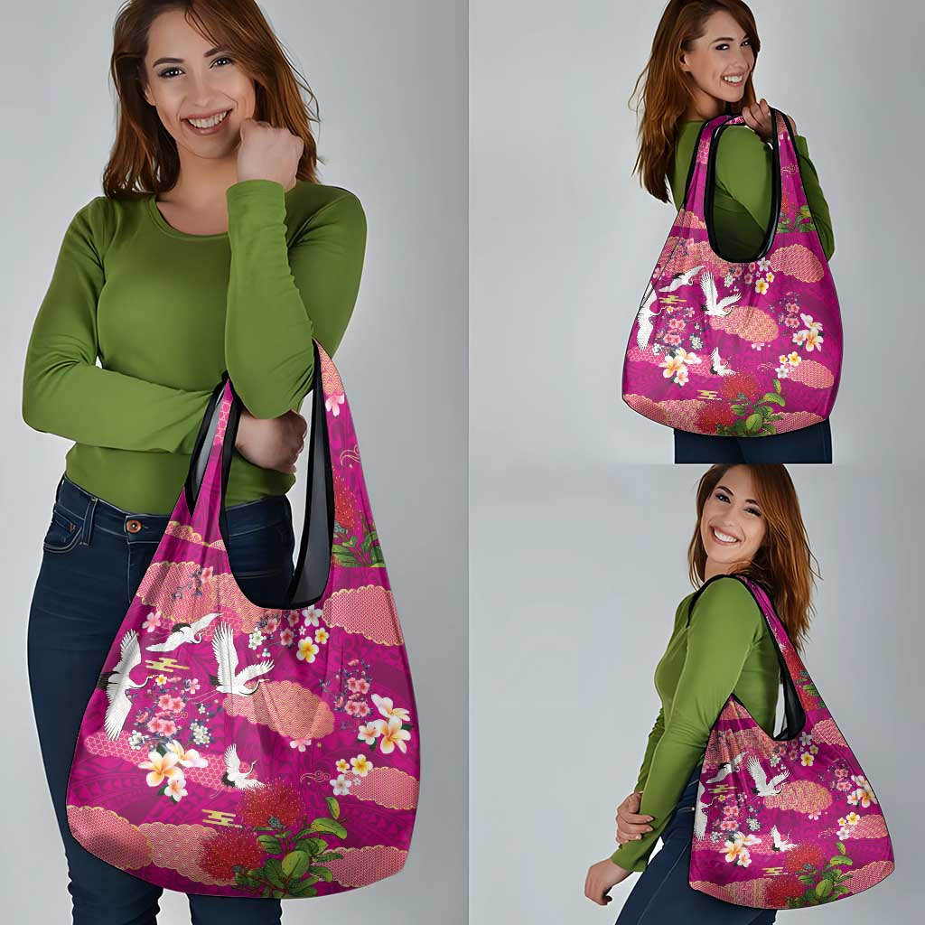 Hawaiian and Japanese Culture Together Grocery Bag Pink Ohia Lehua Plumeria and Sakura Blooming LT03 - Polynesian Pride