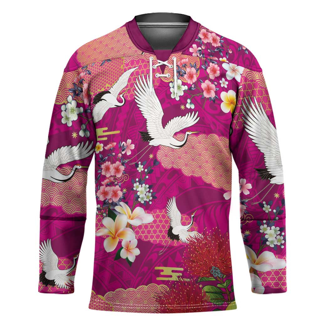 Hawaiian and Japanese Culture Together Hockey Jersey Pink Ohia Lehua Plumeria and Sakura Blooming LT03 Unisex Pink - Polynesian Pride