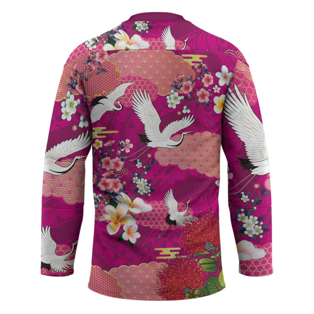 Hawaiian and Japanese Culture Together Hockey Jersey Pink Ohia Lehua Plumeria and Sakura Blooming LT03 - Polynesian Pride
