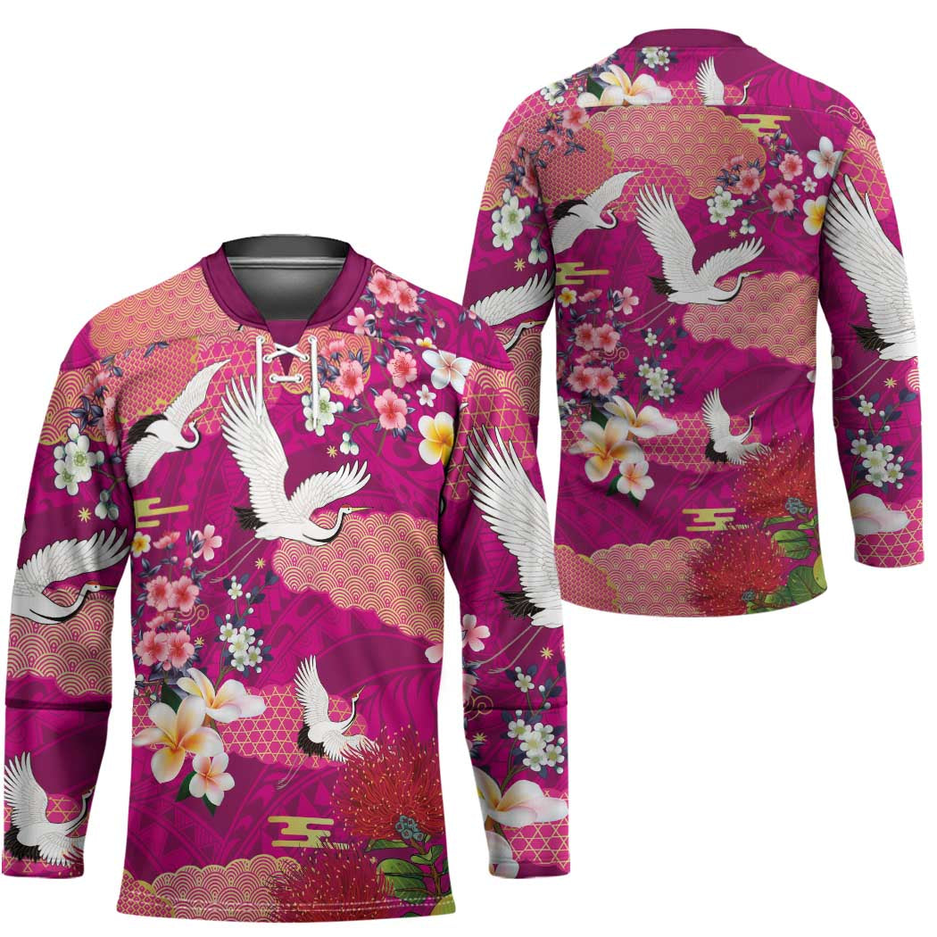 Hawaiian and Japanese Culture Together Hockey Jersey Pink Ohia Lehua Plumeria and Sakura Blooming LT03 - Polynesian Pride