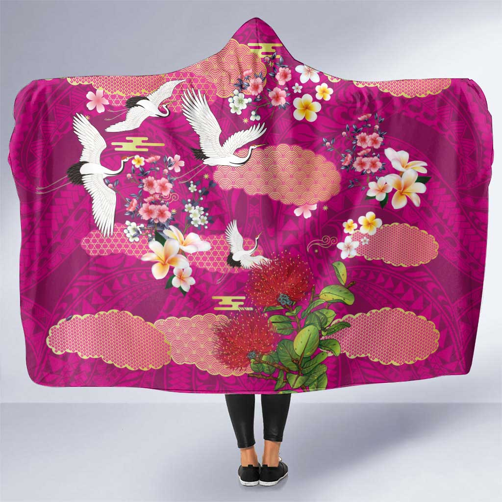 Hawaiian and Japanese Culture Together Hooded Blanket Pink Ohia Lehua Plumeria and Sakura Blooming LT03 One Size Pink - Polynesian Pride