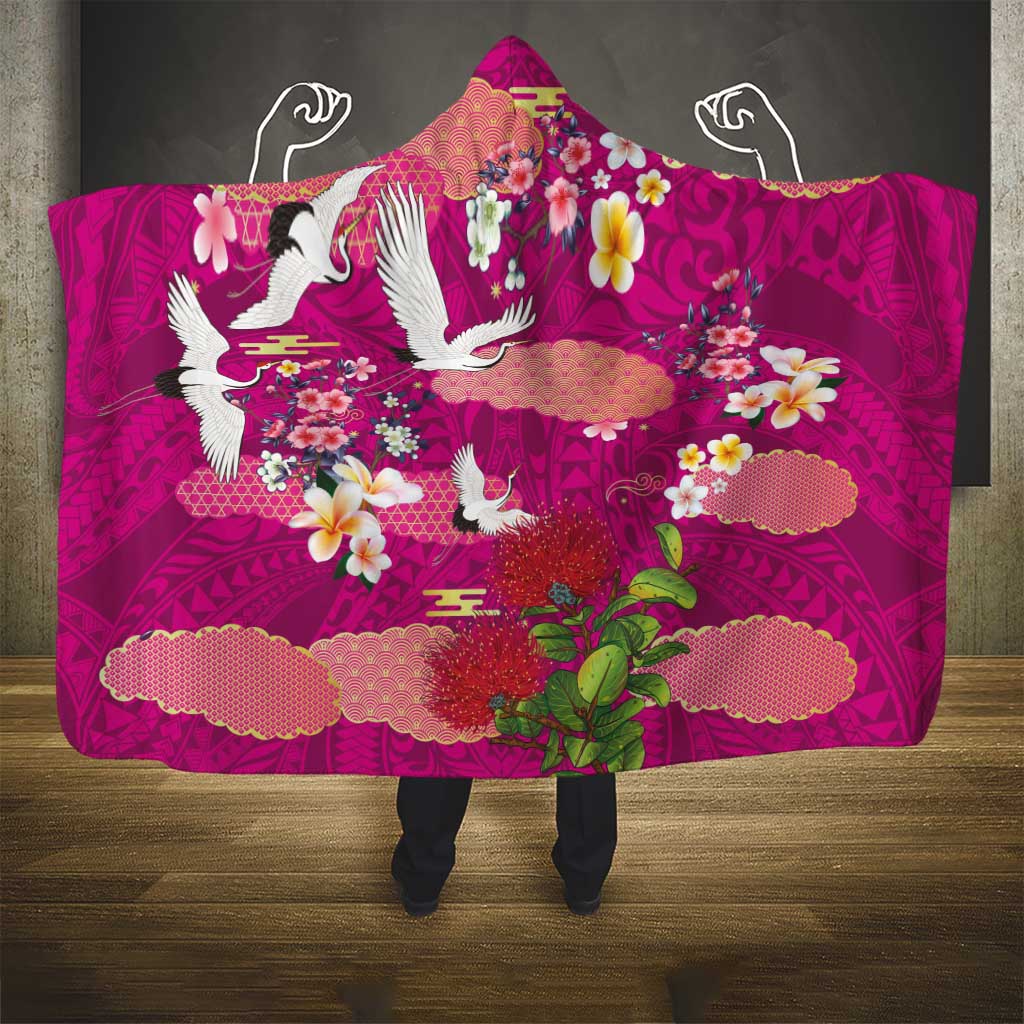 Hawaiian and Japanese Culture Together Hooded Blanket Pink Ohia Lehua Plumeria and Sakura Blooming LT03 - Polynesian Pride