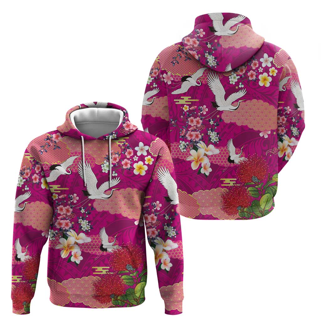 Hawaiian and Japanese Culture Together Hoodie Pink Ohia Lehua Plumeria and Sakura Blooming LT03 - Polynesian Pride