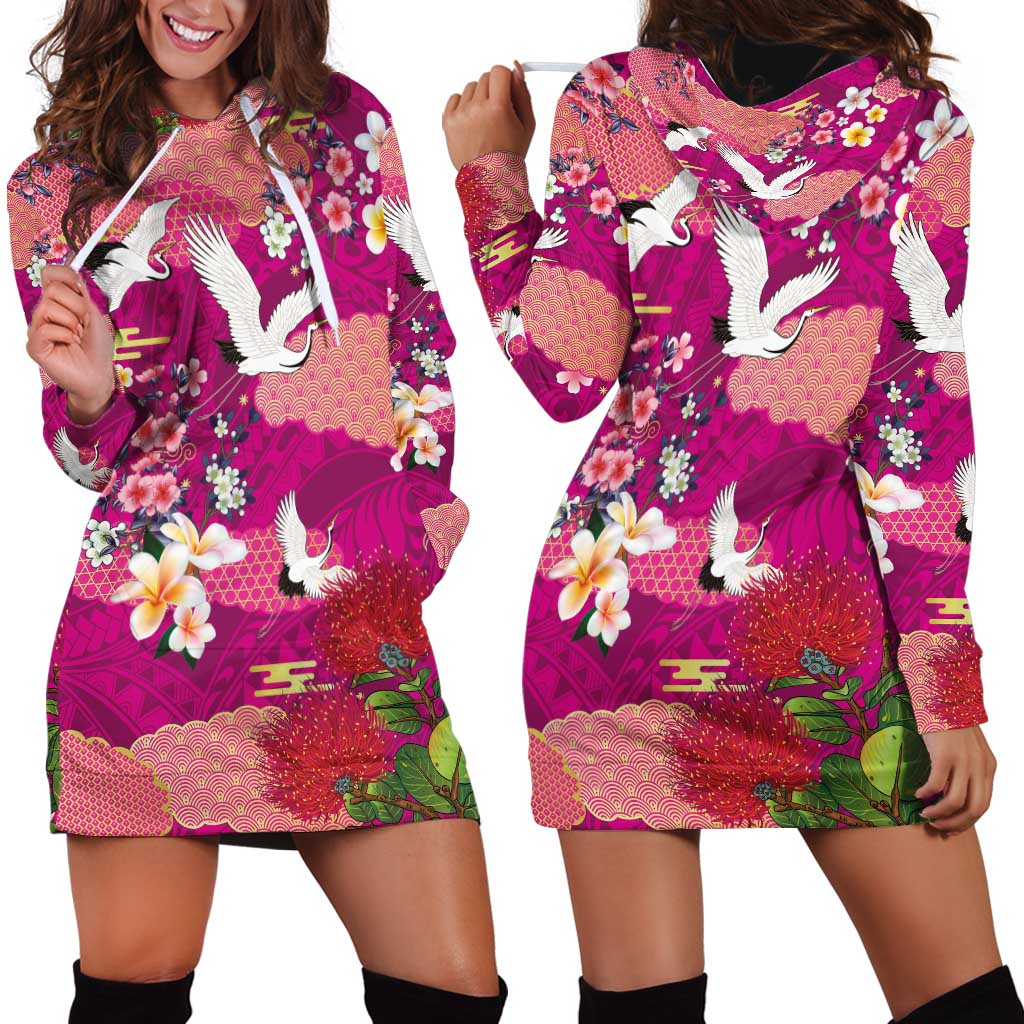 Hawaiian and Japanese Culture Together Hoodie Dress Pink Ohia Lehua Plumeria and Sakura Blooming LT03 - Polynesian Pride
