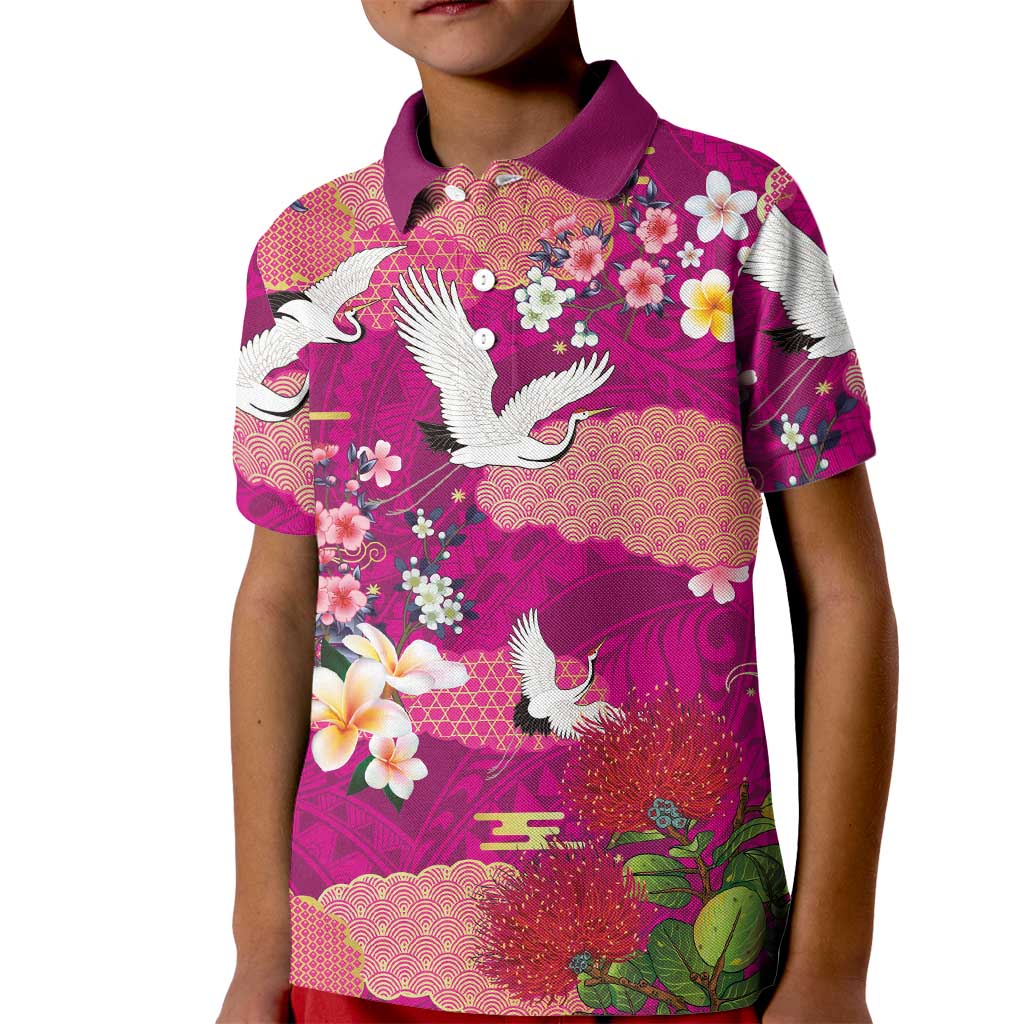 Hawaiian and Japanese Culture Together Kid Polo Shirt Pink Ohia Lehua Plumeria and Sakura Blooming LT03 Kid Pink - Polynesian Pride