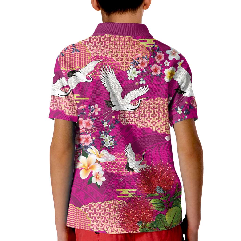 Hawaiian and Japanese Culture Together Kid Polo Shirt Pink Ohia Lehua Plumeria and Sakura Blooming LT03 - Polynesian Pride